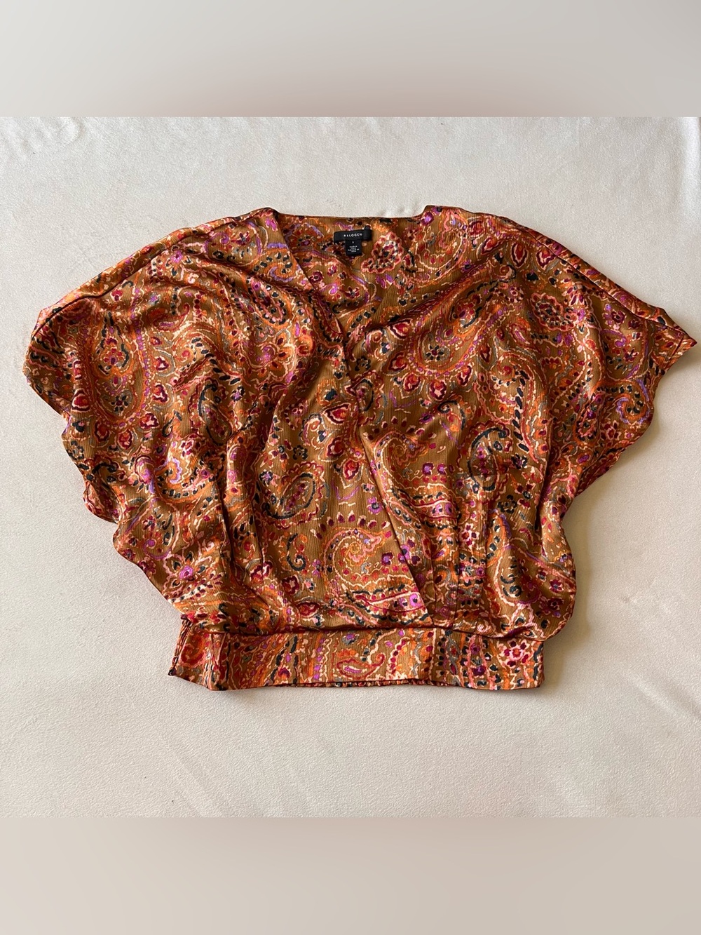 Halogen Rust Tan Orange Paisley V-Neck Wrap Flowy Shiny Boho Luxury Summer SizeS